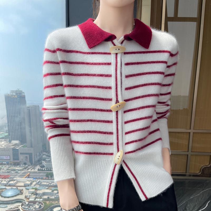 Women's Striped Cashmere Knit Cardigan with Polo Collar - Long Sleeve, Loose Fit, Warm Sweater Coat
