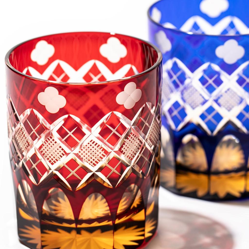 Taiburo Edo Kiriko Glassware with and Pattern Wooden Made In Japan [Official Workshop] Four-Leaf Yarai-Nanko (Amber Red) TB94429AR, Box,