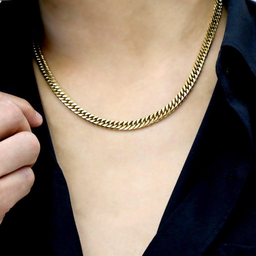 [e-housekiya] Titanium Curb Chain Necklace, Gold, for Men and Women, 50cm, 6.5mm, 6-Sided Double Chain, Hypoallergenic