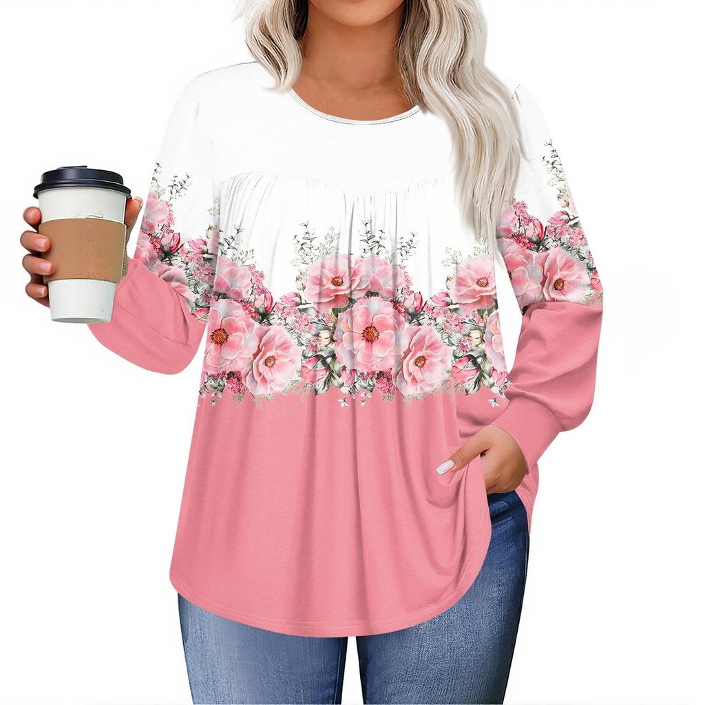 Womens Plus Size Tops Long Sleeve Shirts Round Neck Flowy Tunic Casual Loose Blouse L-5X