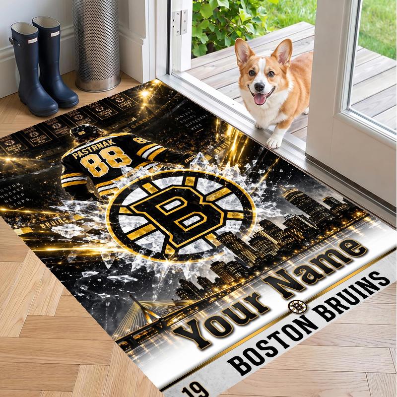 Custom Name Boston Bruins Crystal Velvet Floor Rug Personalized Text Soft Carpet Home Decor