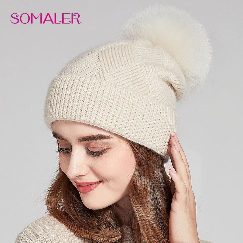 SOMALER Winter Hats For Women Natural Fur Pompom Hat Warm Wool Slouchy Beanies For Female Fashion Skullies Lady Hats