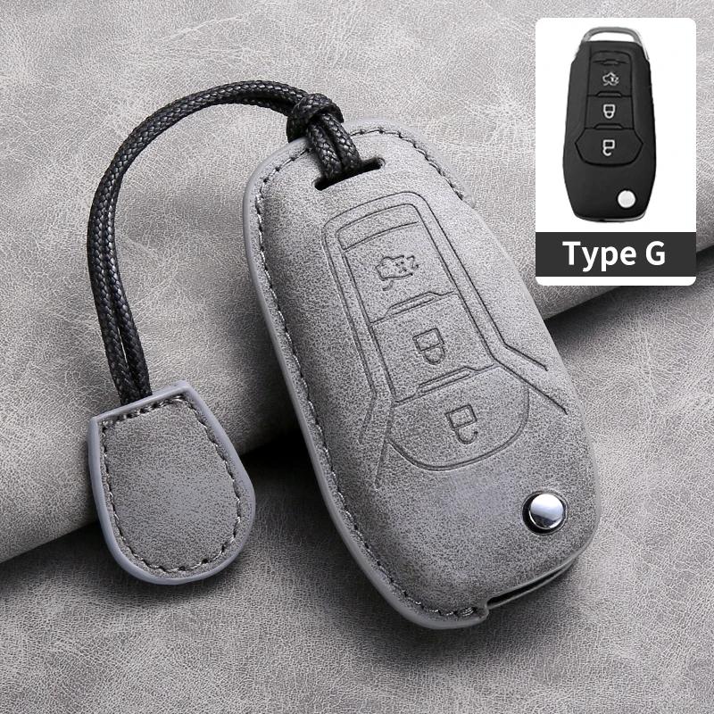 Leather Car Remote Key Case Cover for Ford Focus 3 4 ST Mondeo MK3 MK4 Fiesta Fusion Kuga Ecosport Protect Key Fob Keychain