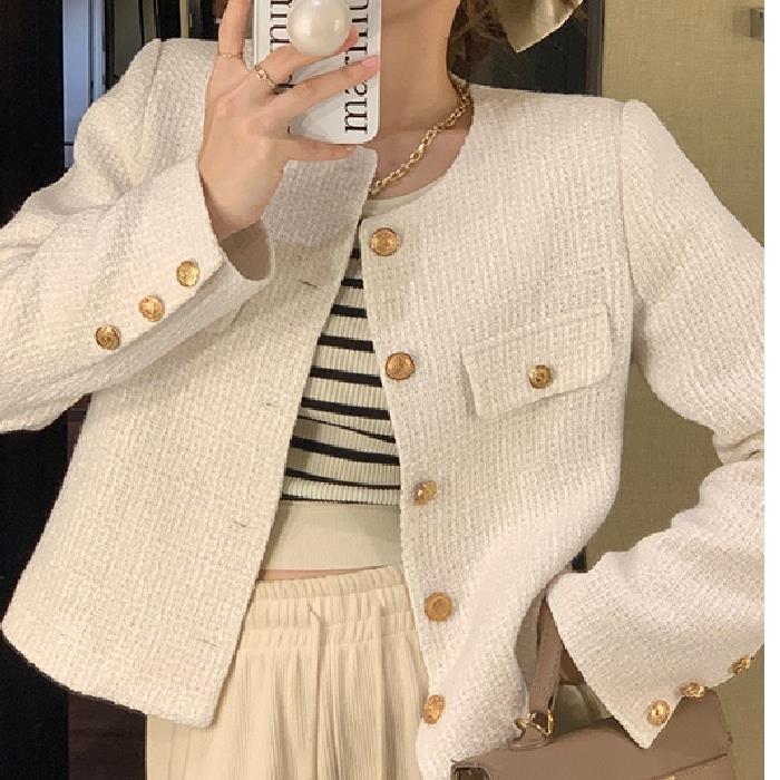 Spring and Autumn Korean Coats Women Jacket French Woolen Tweed Coat Fashion High-end Gold Button Short Slim Temperament Jackets