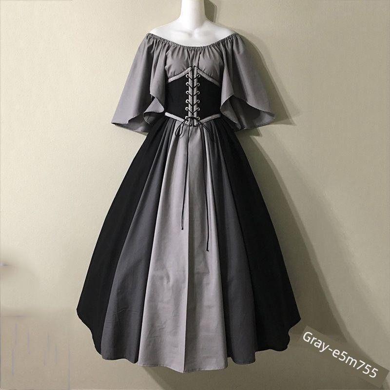 European and American Style Off-Shoulder Dress for Women, Medieval Retro Color-Blocking with Flutter Sleeves, Tie-Waist, and Large Hem Skirt