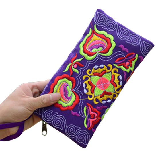 Women Ethnic Handmade Embroidered Wristlet Clutch Bag Zipper Purse Long Wallet