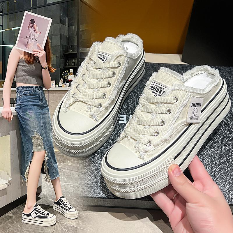 Canvas Half Slippers Women's Thick Sole Slippers Summer New Anti Slip Heel Free Leisure Half Support Platform White Shoes