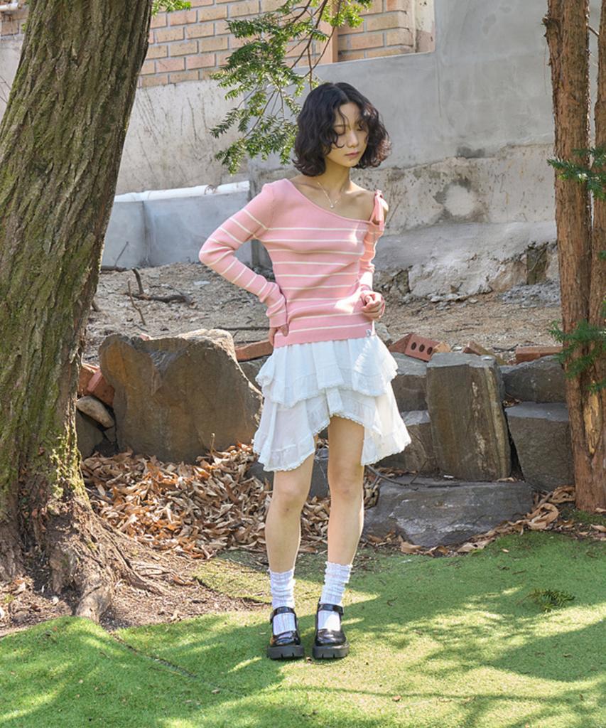 THE GREEN LAB Striped Shoulder Strap Detail Knit [Pink]