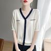 Summer Thin, V-neck, Two-tone Knitted Sweater, New Fake Cardigan with Loose Design, Buttons and Short Sleeves