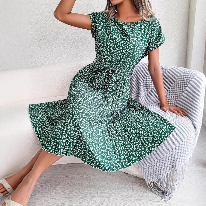 Ins Style Spring and Summer New Casual Short-sleeved Floral Large Swing Pleated Skirt European and American Women's Clothing