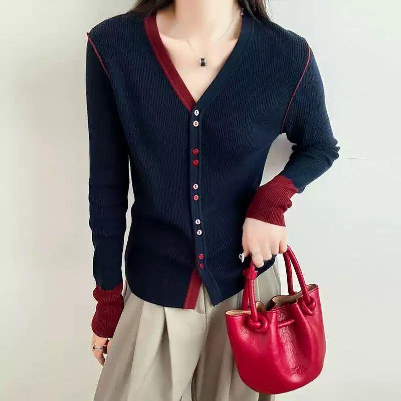 2025 весна осень корейский контрастный сращивание V-образный вырез длинный рукав вязаный свитер женский однобортный тонкий универсальный топ кардиган