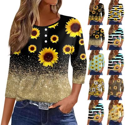 Жен. Футболка Футболка с принтом Пуговицы Рукав 3/4 Повседневные Выходные Мода Классический Круглый вырез Обычный Топ