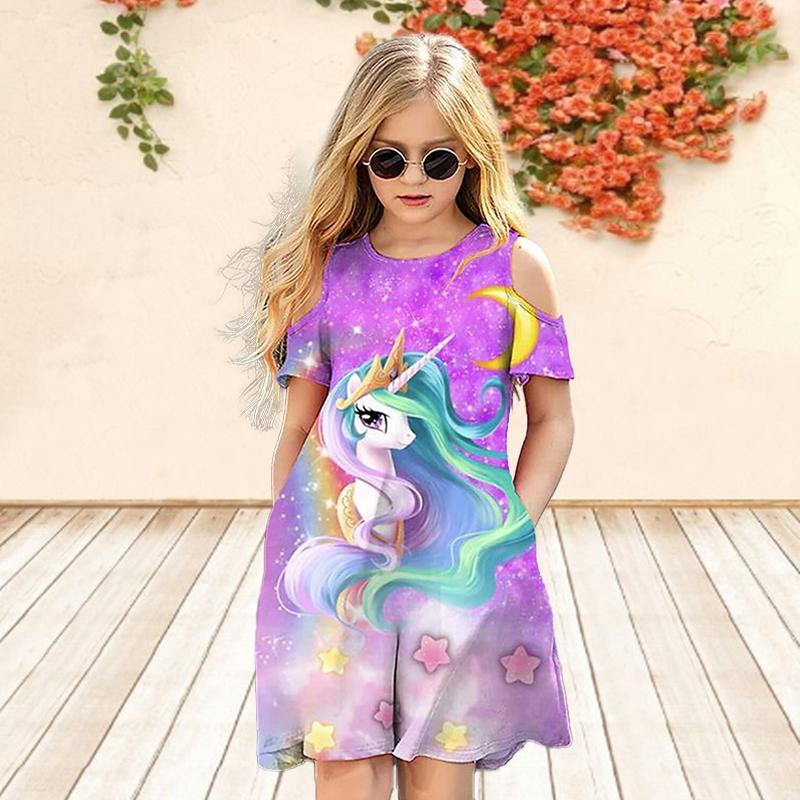 Girls Floral Pink Horse Print Dresses Kids Girl Party Off Shoulder Dress Princess Dress Short Sleeved Dress Over Four Years Old