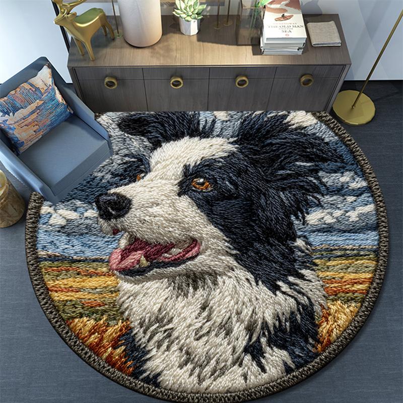 Border Collie Round Area Rug,Carpet Rug for Living Room Bedroom Sofa Playroom Decor,Non-slip Floor Mat