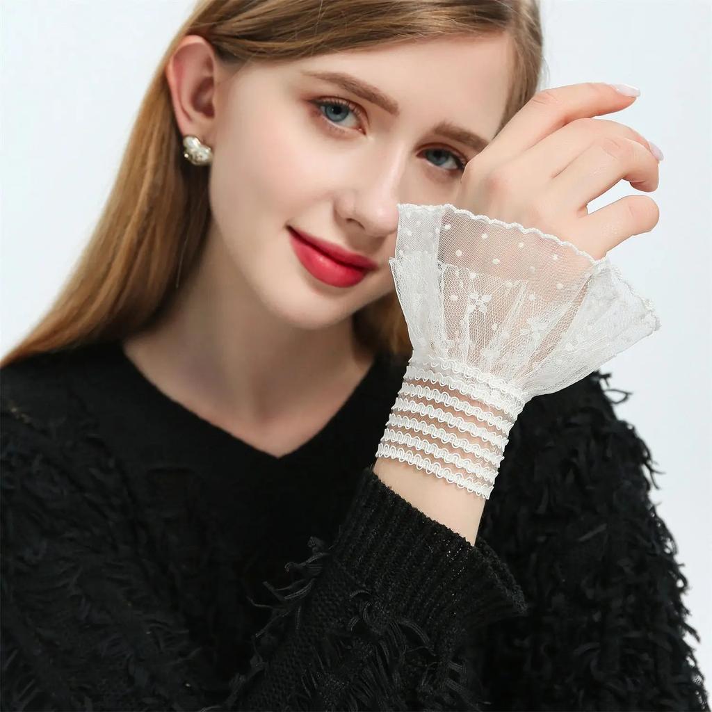 Women Lace Floral Horn Cuffs Ruffled Detachable Fake Sleeves Wedding Shirt Sweater Fake Sleeves Wrist Warmer