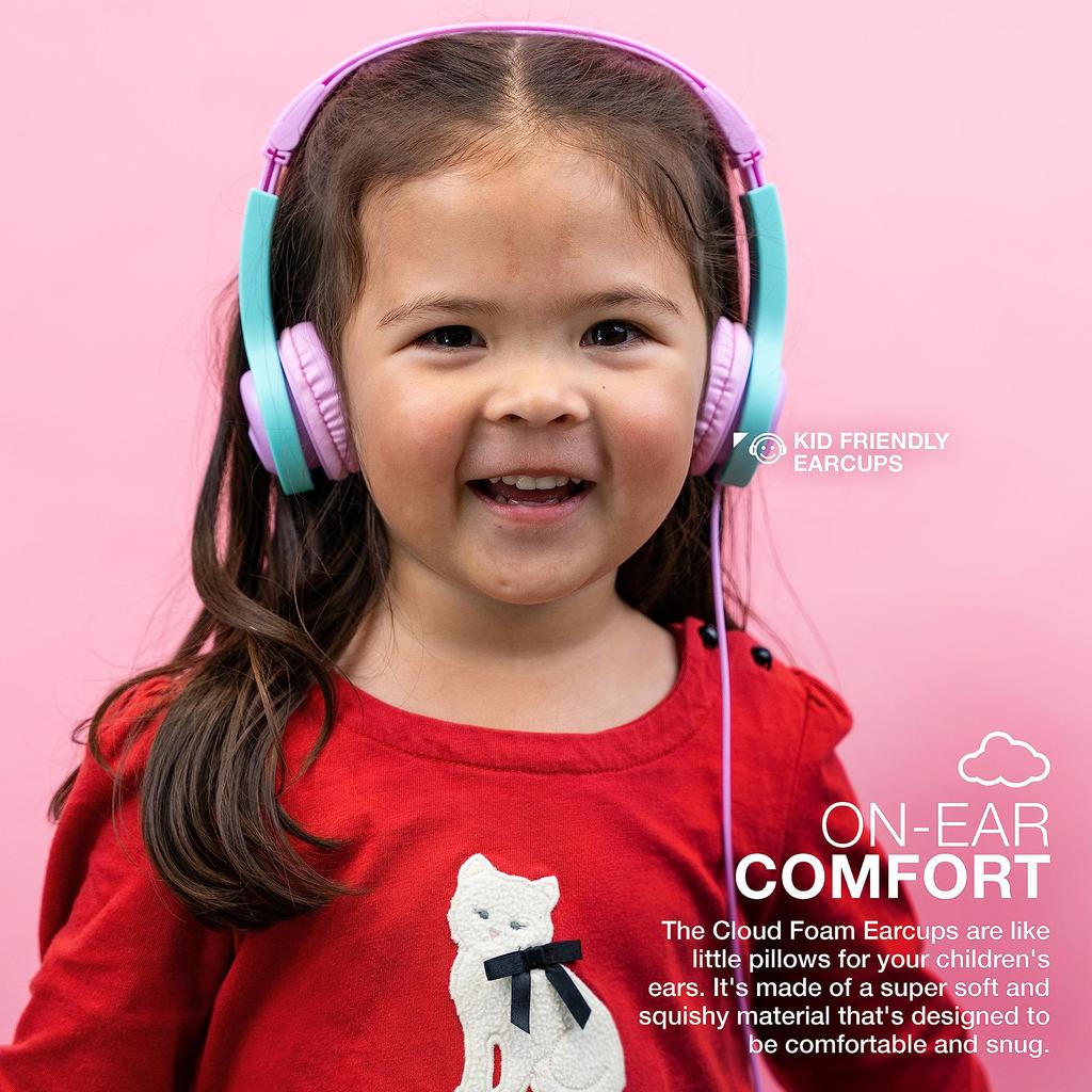 JLab JBuddies Folding Headphones for Ages Volume Limiting Automatically Cuts Sounds Above Children, 2+, Wired, Function, 85dB, Pink/Teal