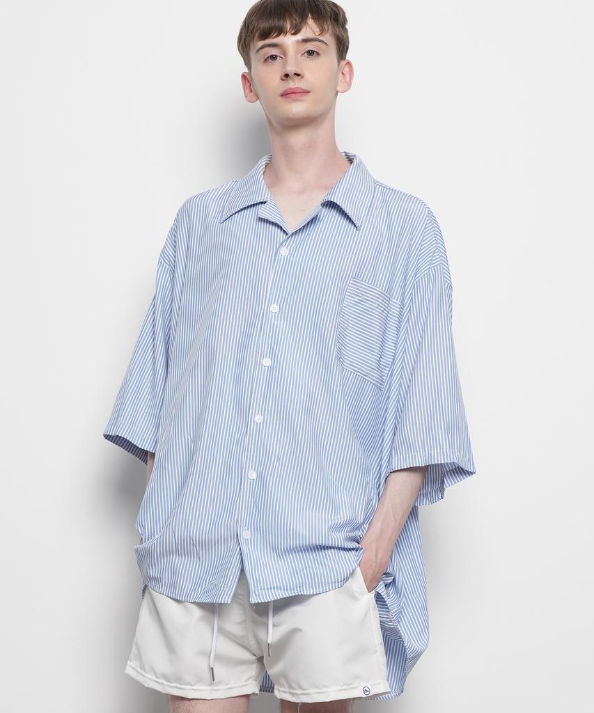 THE-ABON Men'S Summer Beach Overstripe Shirt Sky Blue