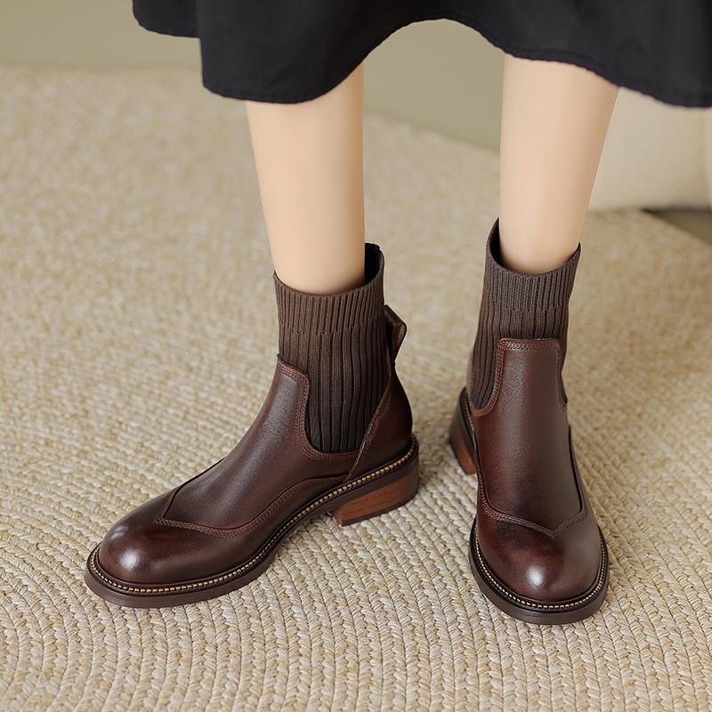 2024 Новые винтажные короткие сапоги для женщин из натуральной кожи на толстом высоком каблуке, осенне-зимняя обувь для женщин с квадратным носком, базовая офисная обувь для леди