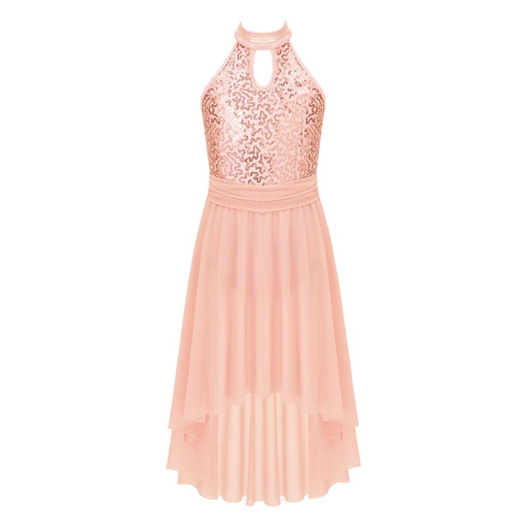 Танцевальное платье для девочек без рукавов с открытой спиной, круглым вырезом, блестящими пайетками, неровным подолом, дизайном вуали