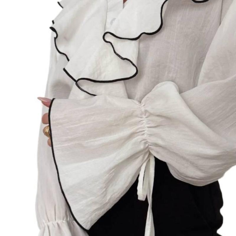 Новый Весенне-Осенний Женский Простой Модный Повседневный Кардиган Топ Цветной Блок Многослойная Рубашка с Рюшами