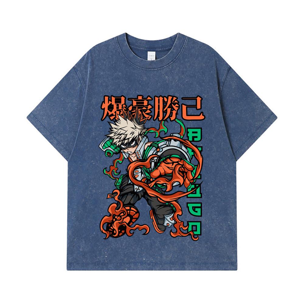275 GSM Washed T-shirts 100% Cotton My Hero Academia V14 Bakugo Print Unisex Heavy Cotton T Shirt