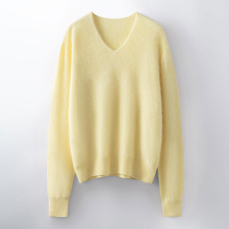 V-Neck Wool Cashmere Loose Brushed Sweater - Solid Color, Versatile, and Skin-Friendly Knitwear
