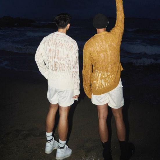 Men Tops Crew Neck Long Sleeve Knitted T-Shirt Men Clothing Retro Hollow-Out Mesh Knit Tops Spring Streetwear