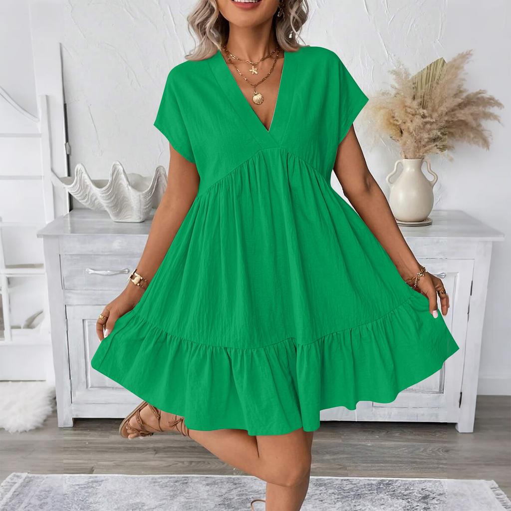 Women's Fashion Casual Slim Covered Sleeve V-Neck Pleated Ruffle Dresses