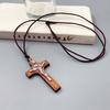 Simple Religious Belief Prayer Baptism Christian Jesus Wood Metal Cross Wax Rope Necklace Men Women Accessories Jewelry Gift