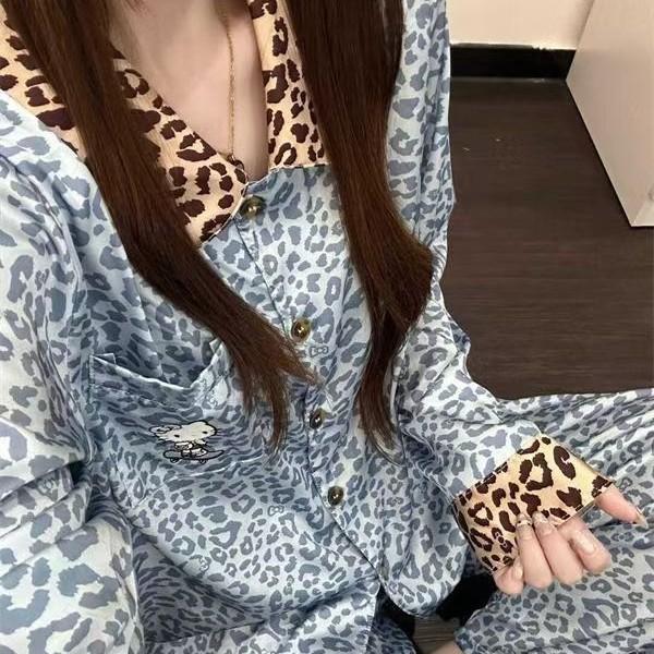 Korean version of blue leopard print Kitty cat pajamas women's spring and autumn long-sleeved trousers ins style suit beautiful girl loungewear