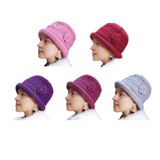 Женская утепленная вязаная шапка с цветком, крючком, шляпа-ведро для пожилых женщин, зимняя теплая шляпа рыбака для активного отдыха