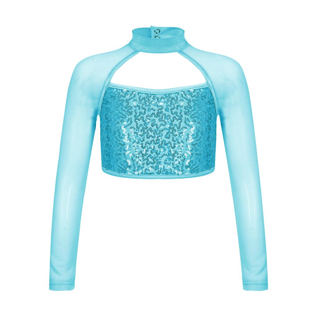 Костюм для танцевальной гимнастики, детский укороченный топ с длинными рукавами и блестящими пайетками для девочек, с открытой спиной