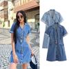 Spring Literary Retro Style Simple Versatile Fashion Trend Lapel Short Sleeve Button  Denim Mini Dresses Plus Size