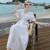 Vintage Cotton White Dress High Quality V-neck Short Sleeve Sashes Hollow Out Embroidery Long Dress For Women Vacation Clothing