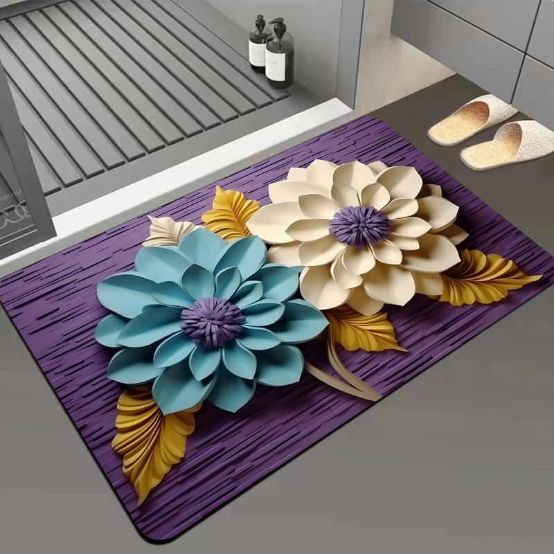 Green Flower Flat Surface Household Bathroom Toilet Absorbent Diatom Mud Floor Mat Non-slip Foot Mat Quick Dry Naked Eye 3D Floor Mat