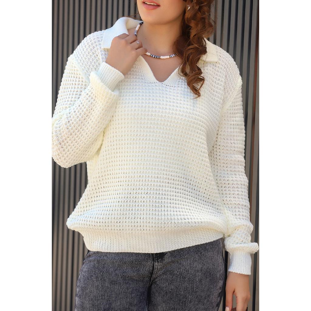 V Polo Neck Thessaloniki Rice Knitted Long Sleeve Comfortable Fit Winter Thick Knitwear Knitted Sweater