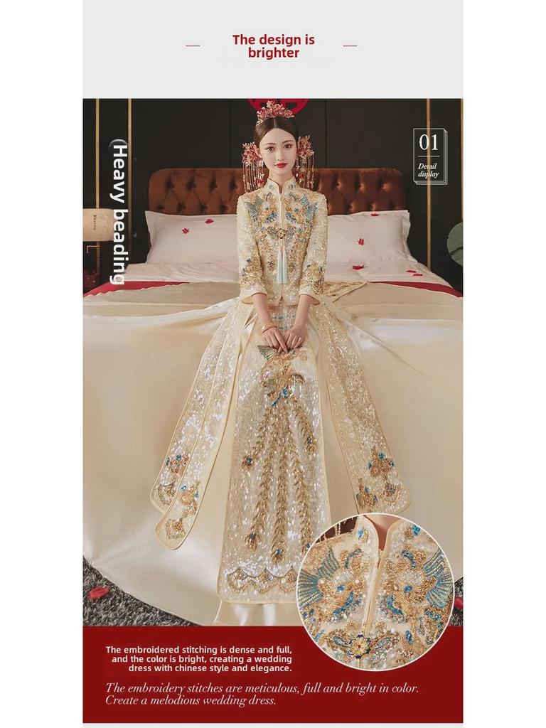 Xiuhefu 2025 Elegant Chinese Bridal Champagne Dress - Summer Dragon & Phoenix Kimono Gown