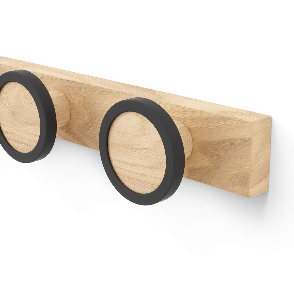 Umbra Wall Hook Rail with 4 Storage for and Black and Natural 50 X 6 X 7 Cm Hooks, Towels, Hats, Bags, Entryway, Bedroom, HUB, Wood, 21016843045,