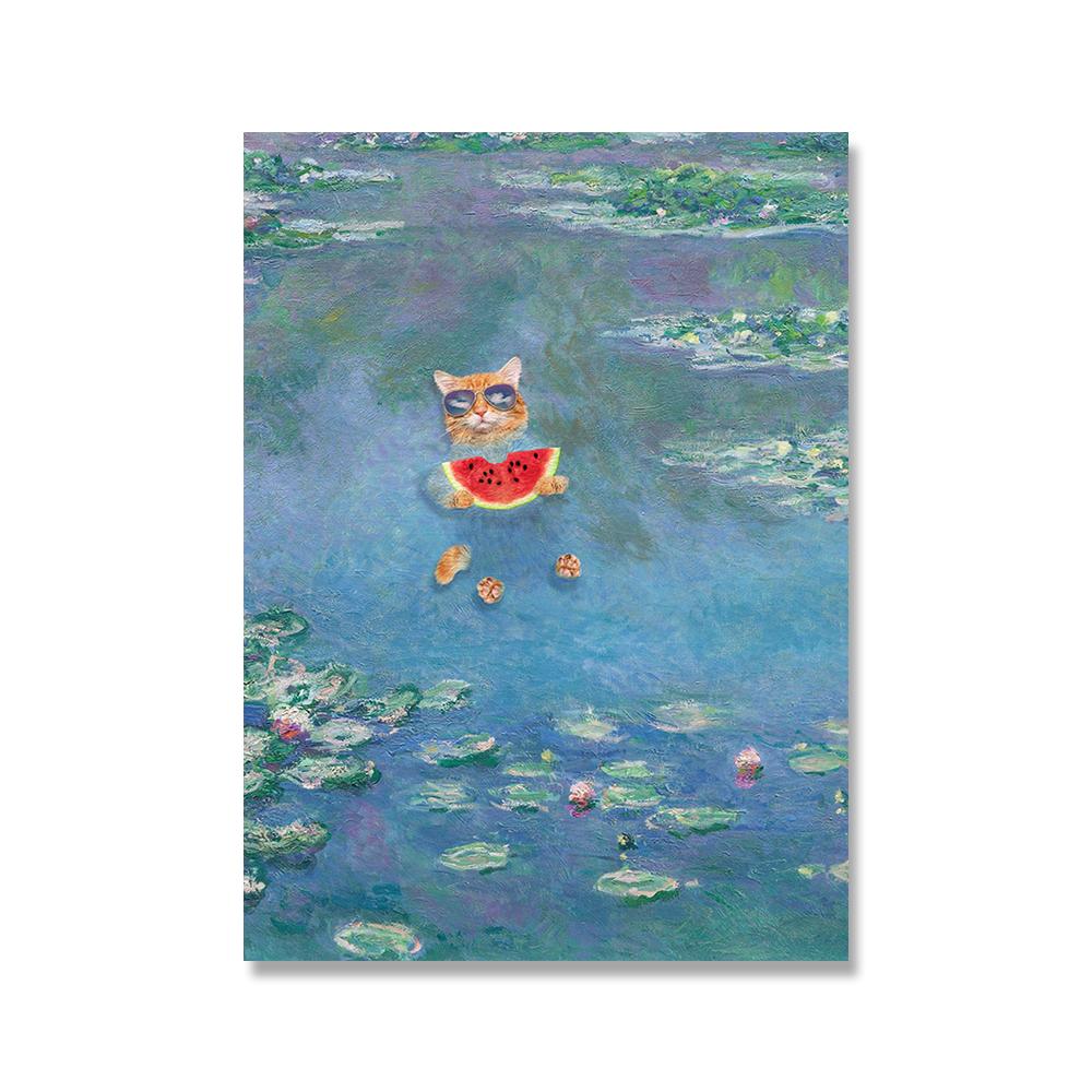 Cat Bathing In The Pond Of Water Lillies Abstract Landscape Wall Art Monet Canvas Painting Poster Print Picture Room Home Decor
