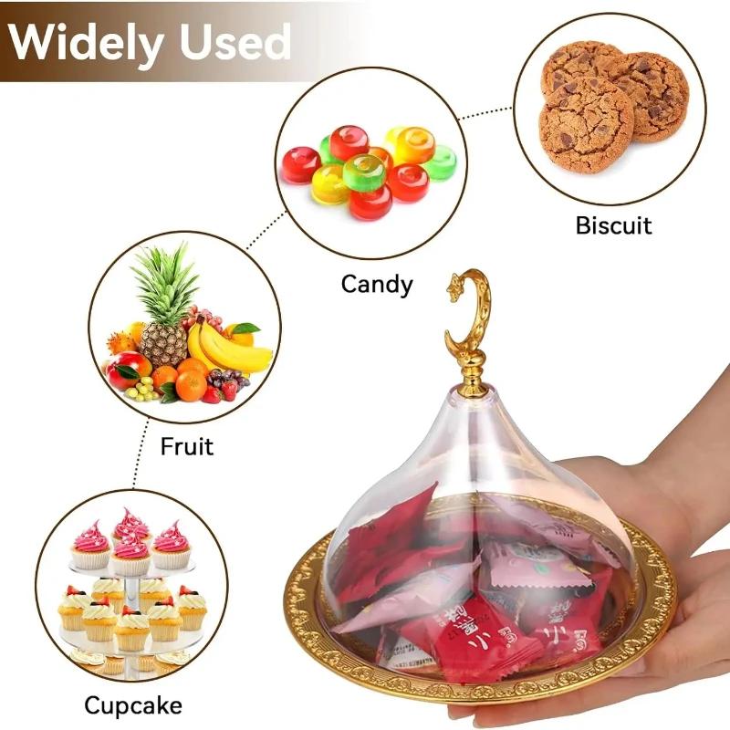 Metal Ramadan Tray with Clear Dome Acrylic Lid Mini Cake Candy Tray Reusable Dessert Tray Round Food Storage Organizer for Nuts