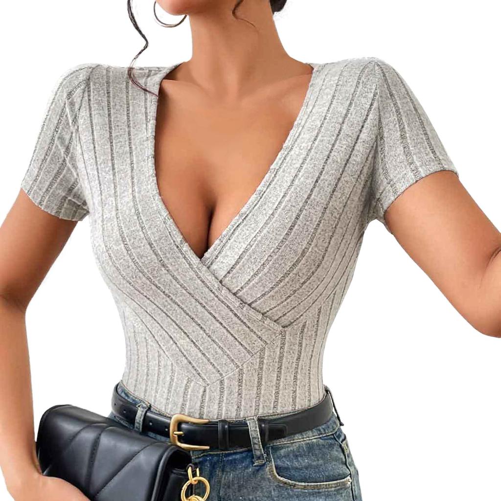 Women's Solid V-neck Sexy Slim Fit Knitted Short Sleeved T-shirt Top