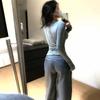 Hong Kong Style Retro Gray Long-sleeved Women's Spring and Autumn New Slim Lace Top