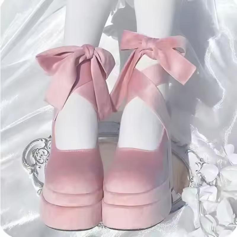 Retro Thick Heel Mary Janes High Heels Spring Autumn Pink Wedding Shoes Heightening Shoes