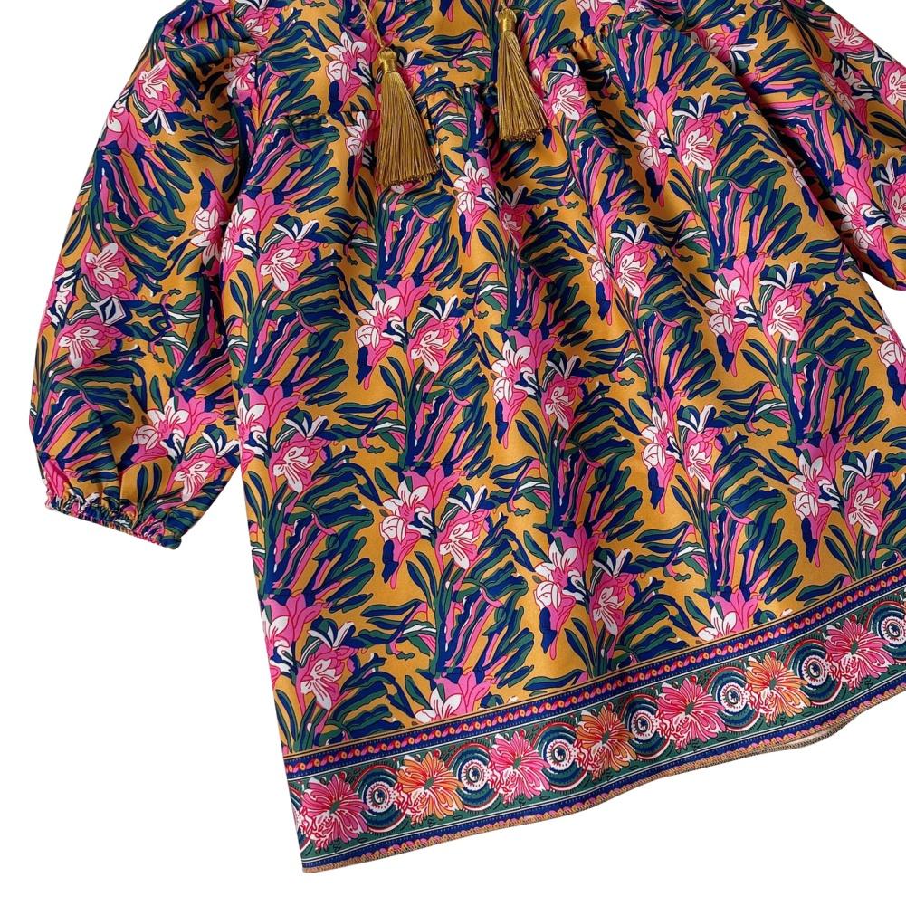 Юбка с бахромой в пасторальном стиле. Юбка с длинными рукавами и цветочным принтом. Осеннее платье для девочек.