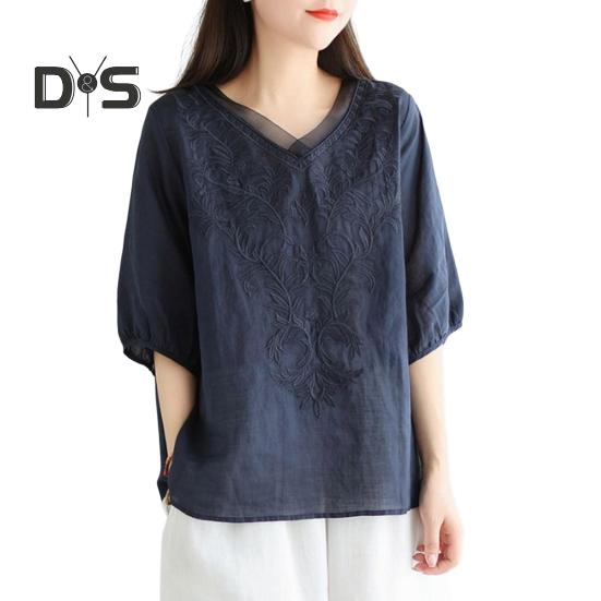 Women Summer Tops V-neck Half Sleeve Embroidery Pattern Pullover Tops Solid Color Loose Fit Commuting Style Tops