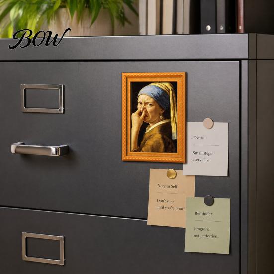 Modern Office Storage Decor Funny Small Wooden Fridge Magnet Picture Frame, Vintage Oil Painting Pattern Soft Magnetic Art Display Refrigerator Locker
