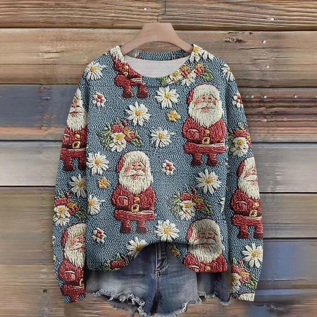 Long Sleeve Pullover Sweaters For Women O Neck Casual Cute Printing Knit Oversized Sweater