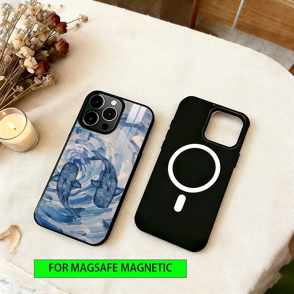 Whale Pattern Phone Case For iPhone17,16,15,14,13,12,11 Plus,Pro Magnetic with Magsafe Wireless Charging