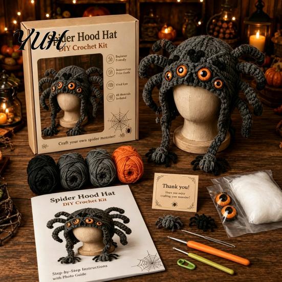 Christmas Hat Making Kit Highland Cow Crochet Kit, Halloween Pumpkin Spider Hood Handmade Winter Headwear DIY Craft for Adults Teens Diy