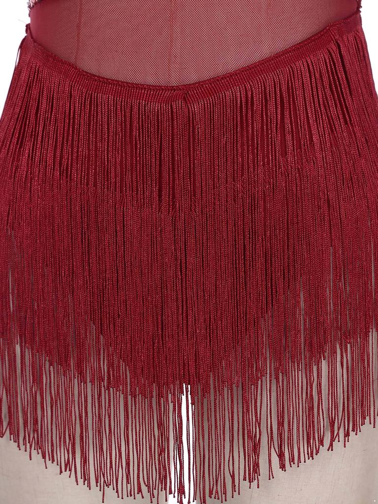 Womens Glittery Rhinestone Dance Dress Fringed Leotard Mesh Patchwork Design Sequined Latin Performance Costume